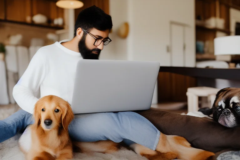 主人在家使用笔记本电脑工作，狗狗在旁边的笼内安然入睡，描绘和谐日常场景