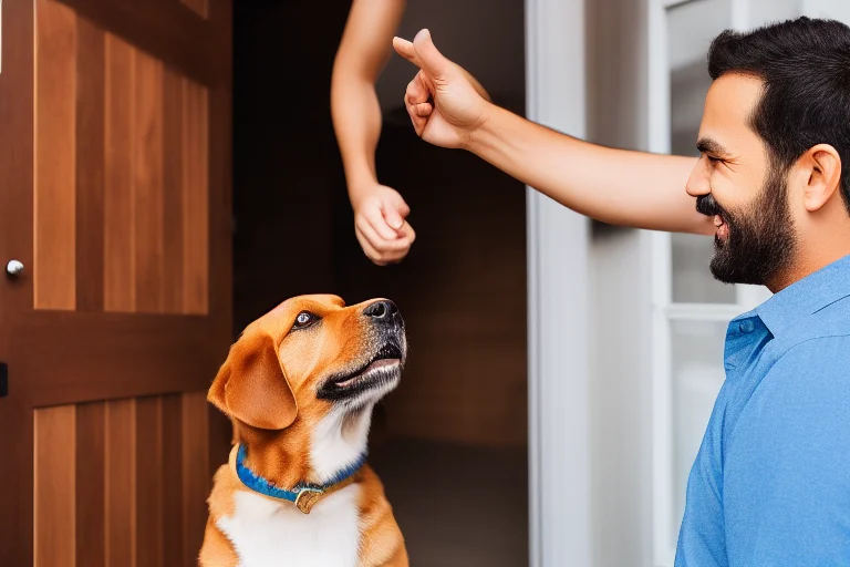 训练成功后，一只快乐的狗狗在打开的笼门处摇着尾巴迎接主人