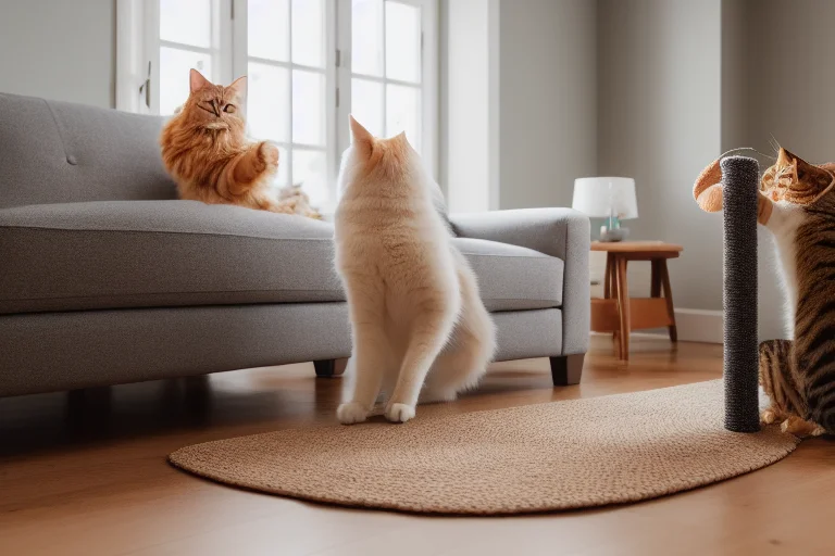 行为引导步骤示意图：用逗猫棒将猫咪从沙发引向猫抓板并给予奖励