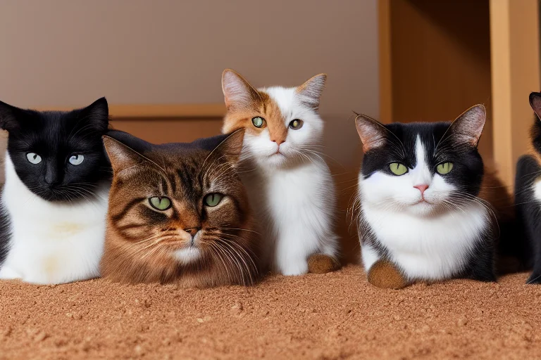 和谐的多猫家庭场景：猫咪各自使用独立的食碗和高处的猫爬架