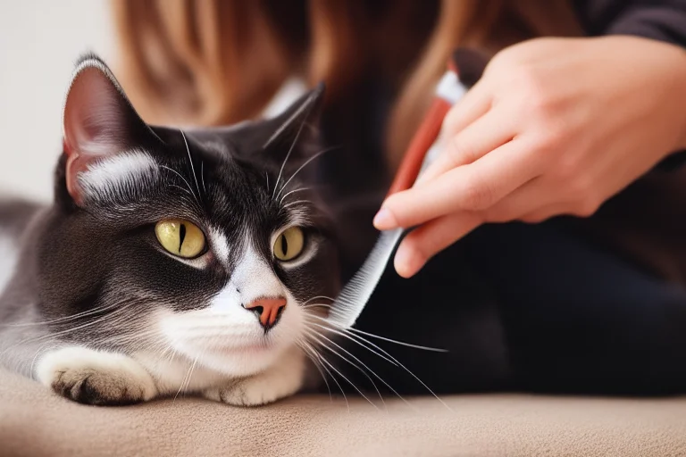 主人用软毛刷温柔地为老年猫梳理毛发