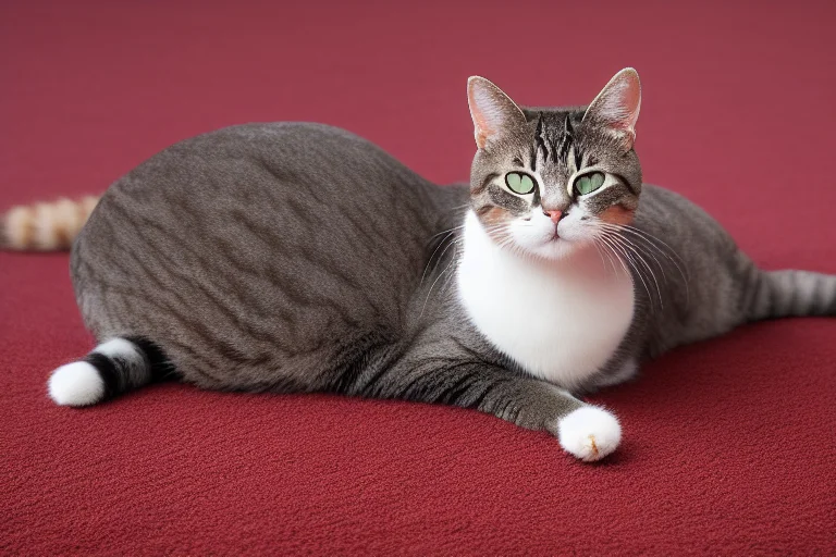 老年猫正在地毯上轻柔地拨弄一个软球，游戏强度需根据年龄和健康状况调整