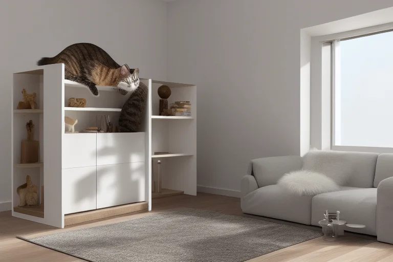 小户型公寓垂直空间优化示例：利用猫墙架、通天柱和窗台栖木，为猫咪创造丰富的三维活动路径