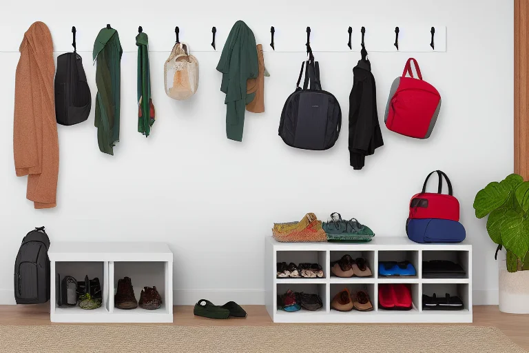 有孩家庭玄关：设置低矮儿童区，每人有专属挂钩和收纳盒，书包有固定停放位。