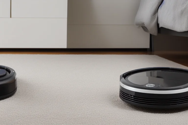 扫地机器人停靠在自清洁基站，展示自动集尘、清水箱与污水箱