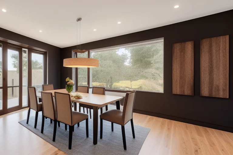 一个现代餐厅的示例，实木餐桌摆放妥当，展示了充足的活动通道与整体空间协调性