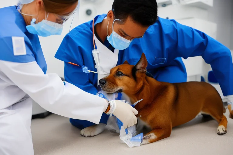 兽医在医院为病重宠物进行检查和输液治疗