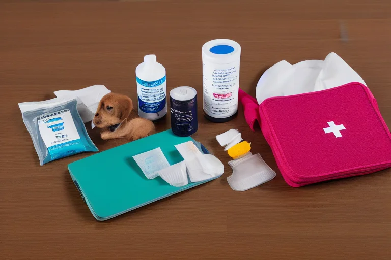 一个包含伊丽莎白圈、消毒湿巾、纱布和症状记录本的家庭宠物急救/护理箱