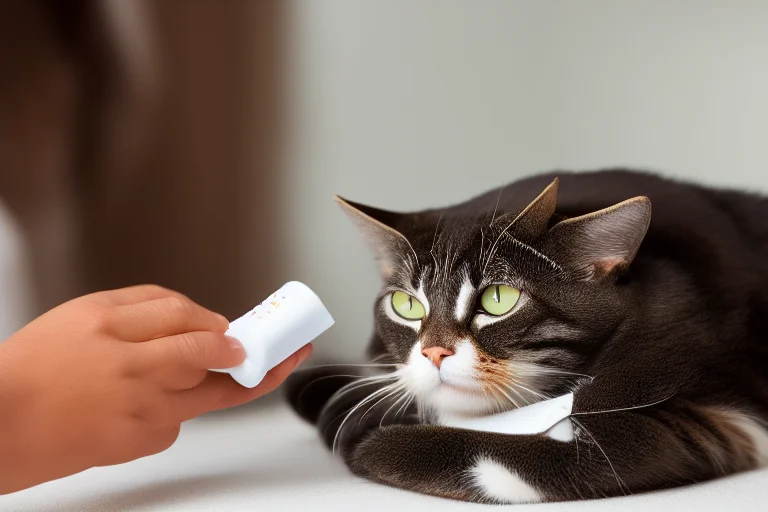 饲主正向放松的猫咪引入指套牙刷，旁边放着宠物牙膏