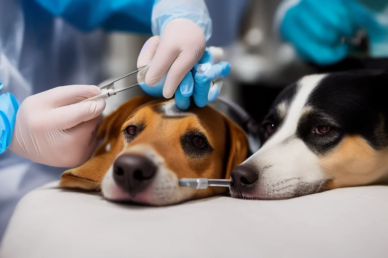 兽医在麻醉状态下使用专业设备为犬只进行洁牙（刮治）手术