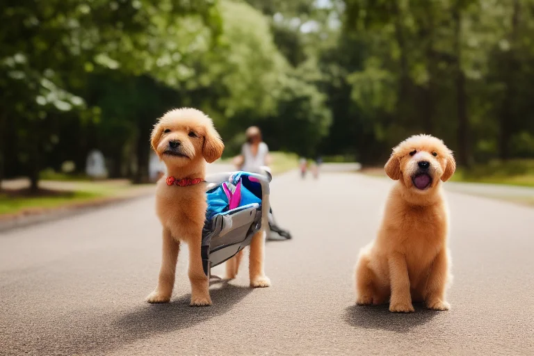 幼犬在宠物推车内平静观察公园远景