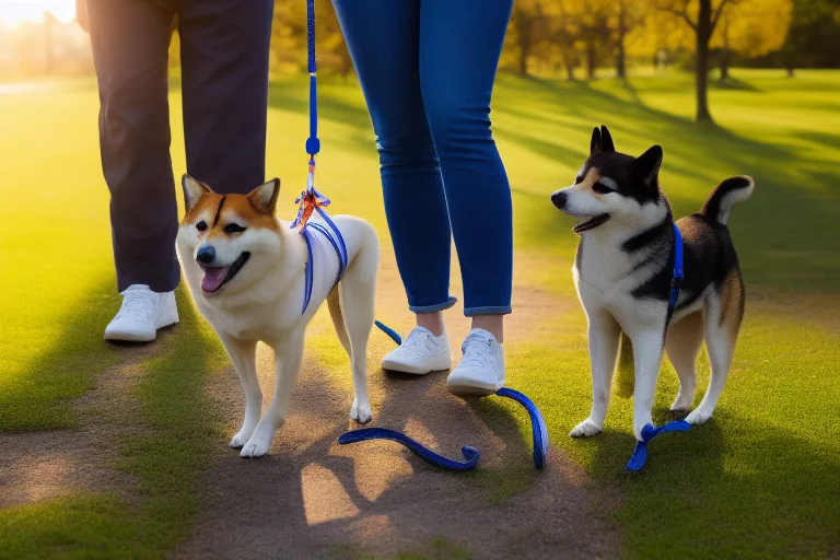 使用长绳在公园安全地进行柴犬唤回训练，主人备有奖励包