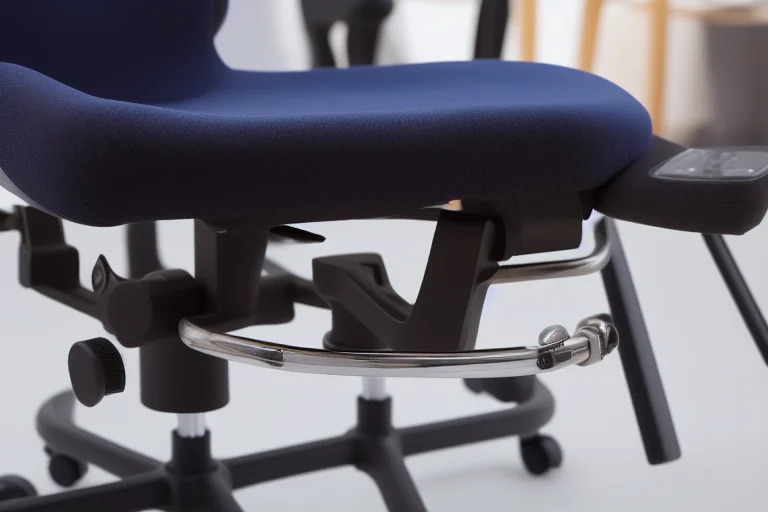 儿童人体工学学习椅特写，展示座高、座深、背高的独立调节功能及腰部支撑。