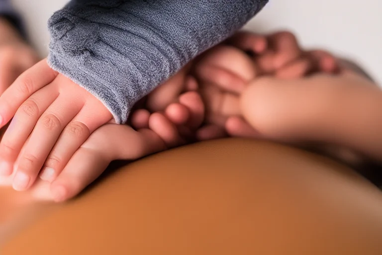 父母正在为趴着的新生儿进行背部抚触按摩，氛围宁静有爱